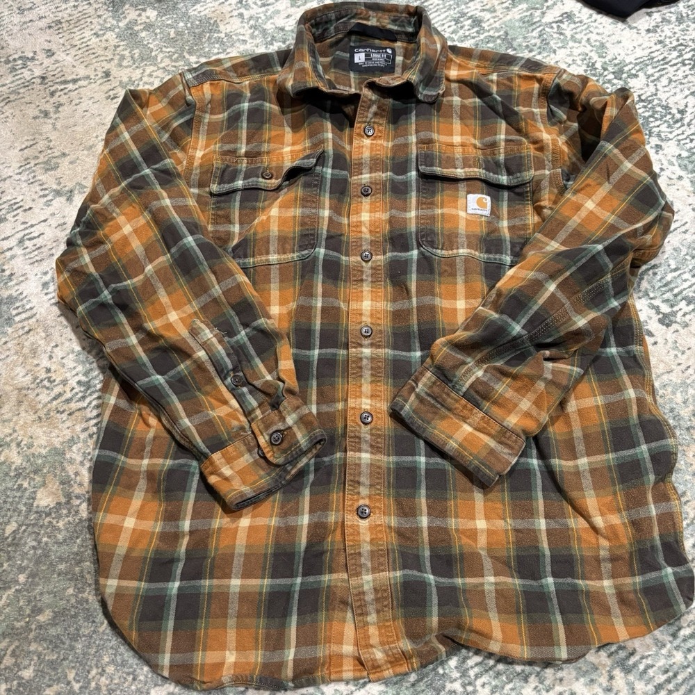 Carhartt Men's Size Large Loose Fit Heavyweight Flannel Long-Sleeve Plaid Shirt